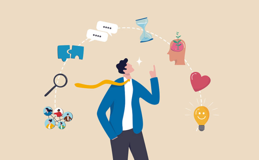 A man with icons circling him - including a magnifying glass, speeech bubbles, a heart, lightbulb and time